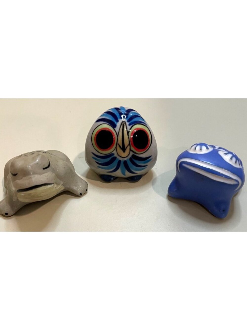 Set Of 3 Handcrafted Ceramic Animal Figurines From Chile: Owl & Two Frogs